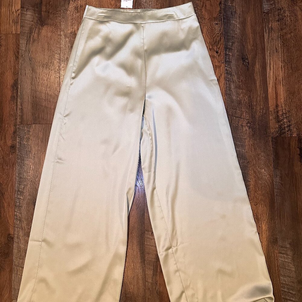 NWT Flounce London Sage Satin High Waist Wide Leg Pants Cottagecore